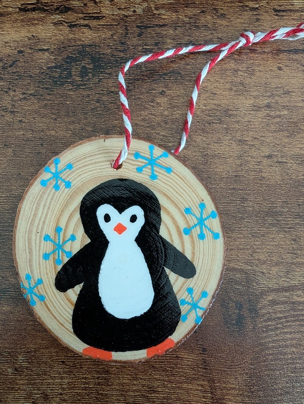 Hand Crafted Christmas Ornament Penguin Wood Slice Hand Painted